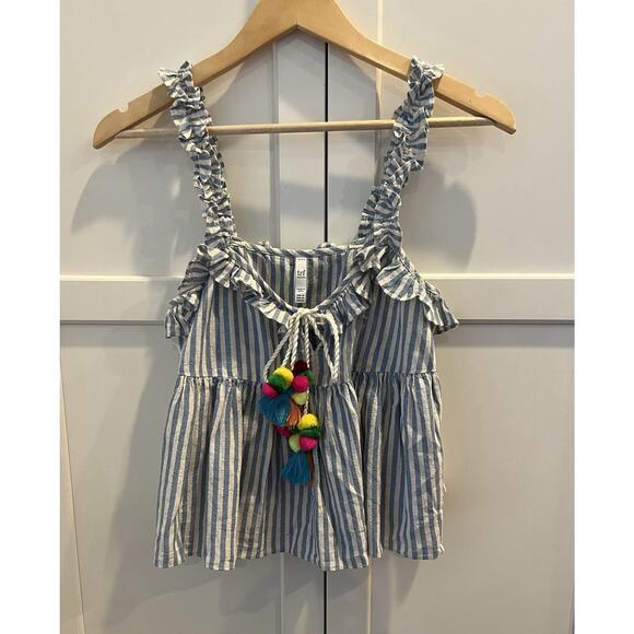 Zara TRF Collection Blue & White Pom Pom Boho V Neck Striped Cropped Top Sz. XS - Picture 1 of 5